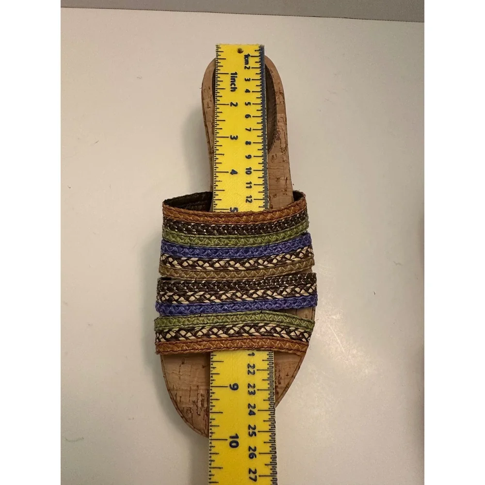 Eric Javits Multi Color Woven Cork Wedge Sandals Slides Brown Green Blue
